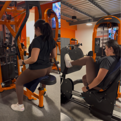 femme avec la sclérose en plaques qui s'entraine en musculation sur des machines guidées